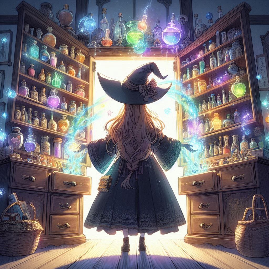 The witch Max in front of her cabinet.